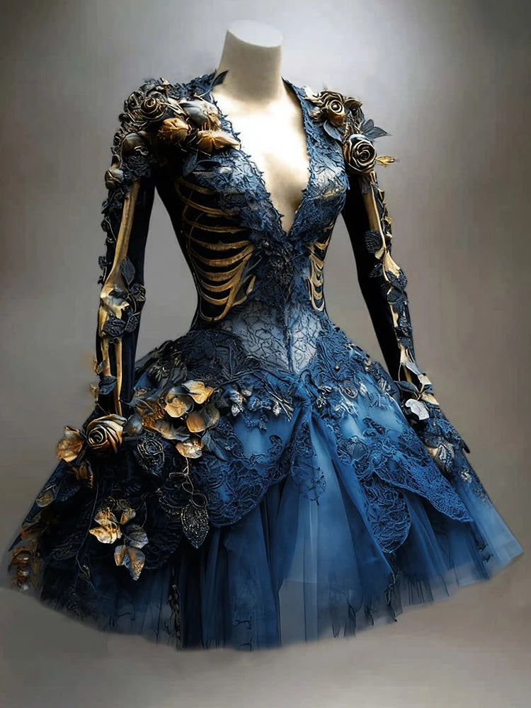 Mini Dress | Gothic Skeleton & 3D Floral Details | Long Sleeve