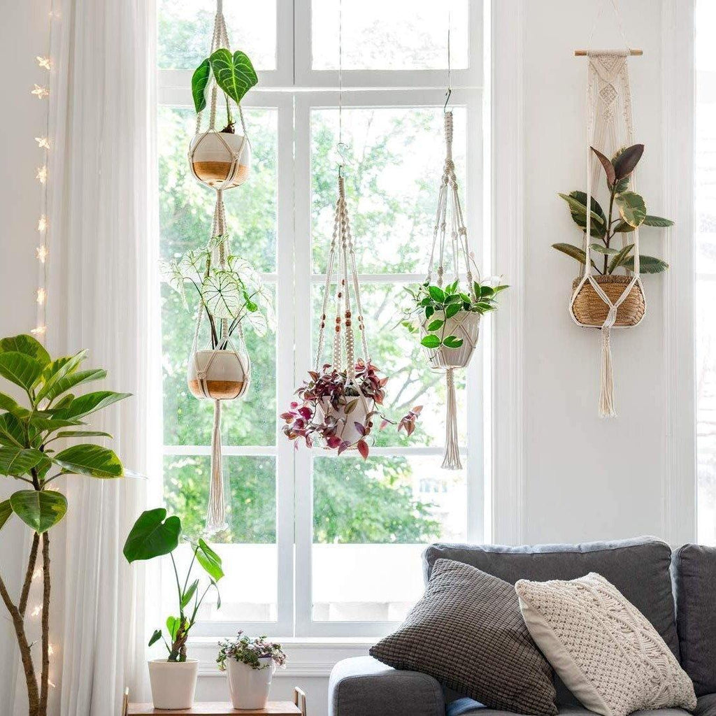 Macrame Plant Hangers | Handmade Cotton Cord & Beads | Set of 4