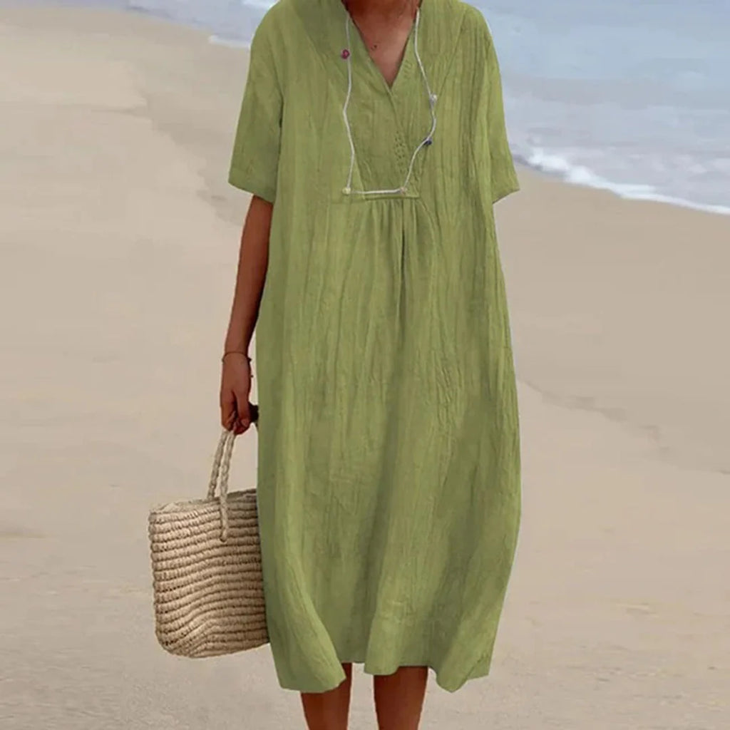 Women’s Midi Dress | Breathable Linen Blend V-Neck | Loose Fit