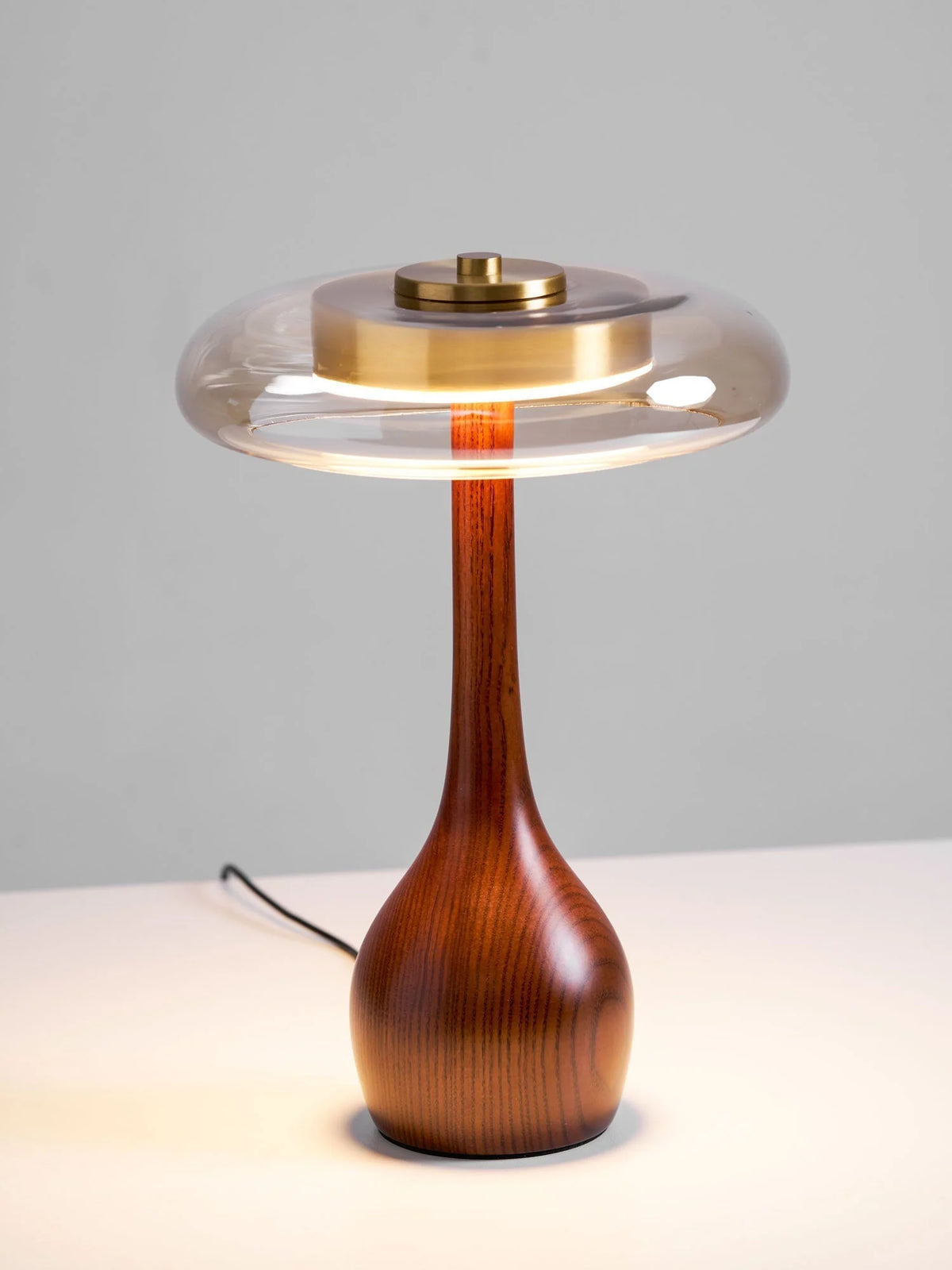 Table Lamp | Walnut-Tone Wood & Amber Glass | Warm LED Light