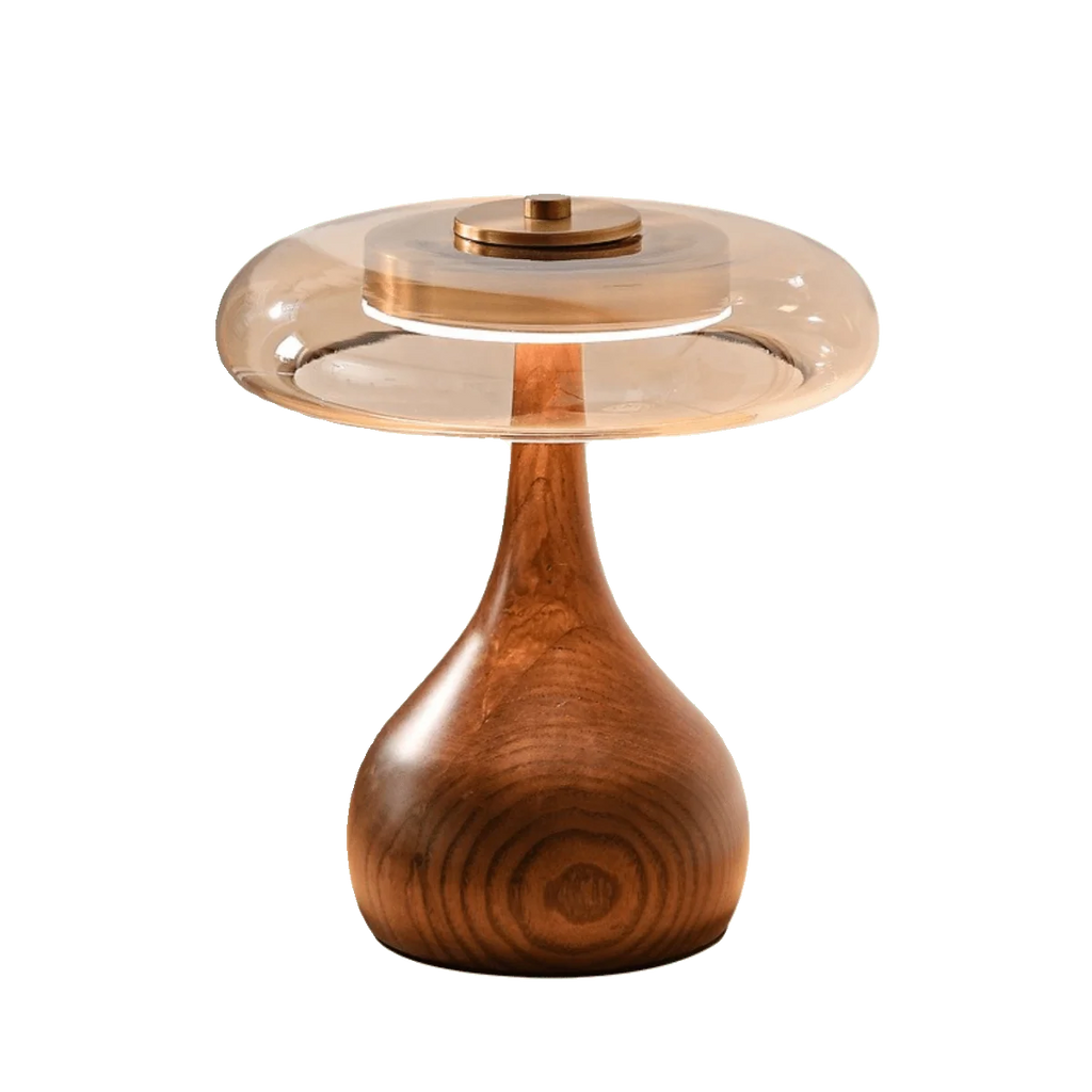 Table Lamp | Walnut-Tone Wood & Amber Glass | Warm LED Light