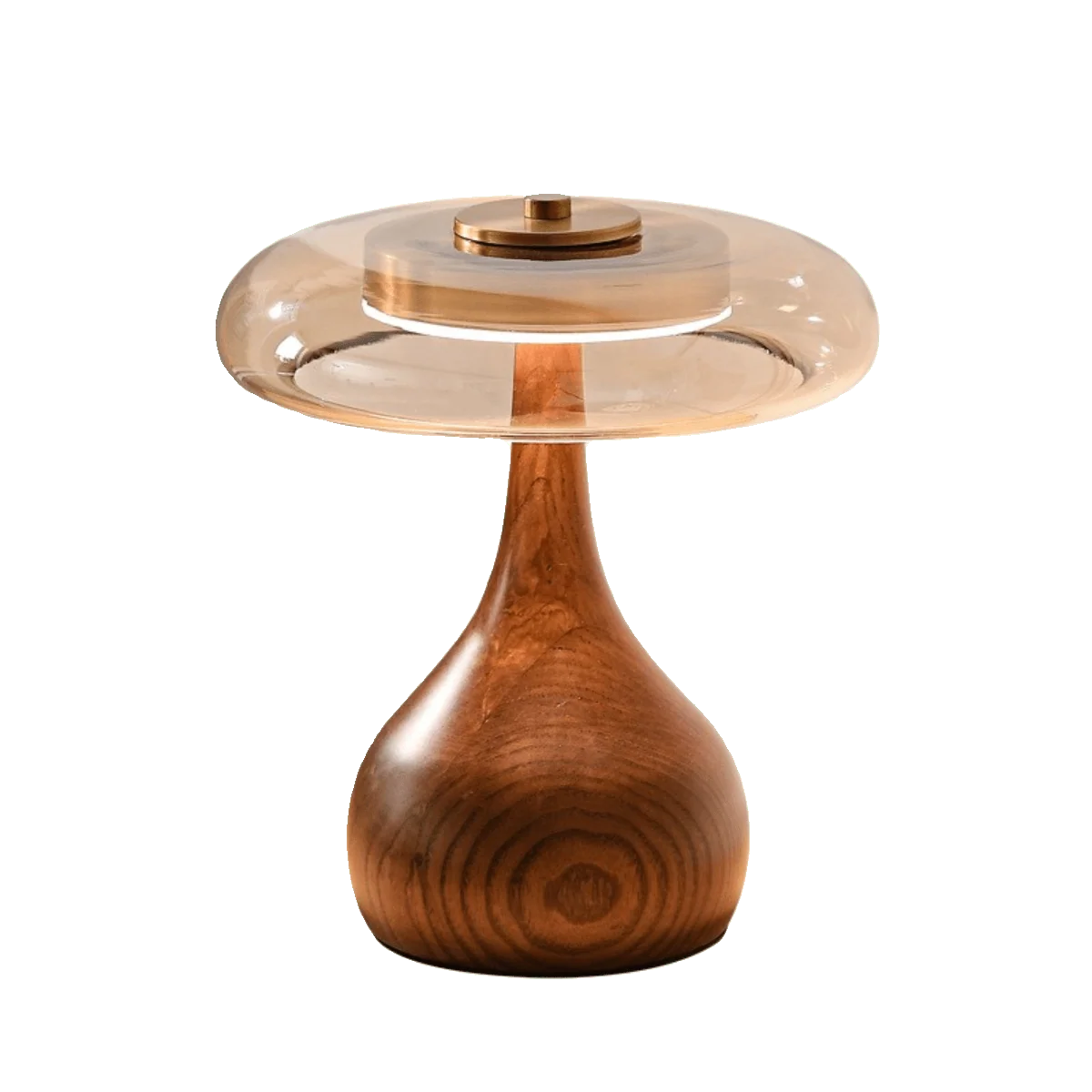 Table Lamp | Walnut-Tone Wood & Amber Glass | Warm LED Light