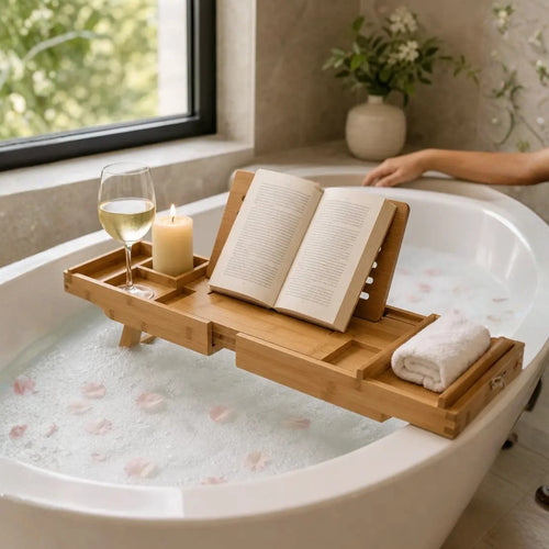 Bathtub & Bed Caddy Tray | Adjustable & Expandable Bamboo