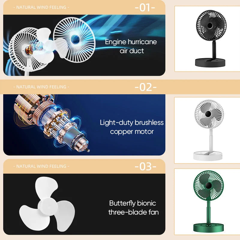Table Fan | Foldable Telescopic & USB-C Rechargeable | Smartphone Holder