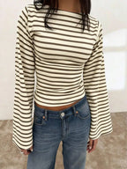 Women's T-Shirt | Striped Rib-Knit | Boat Neck & Cropped Long Sleeve