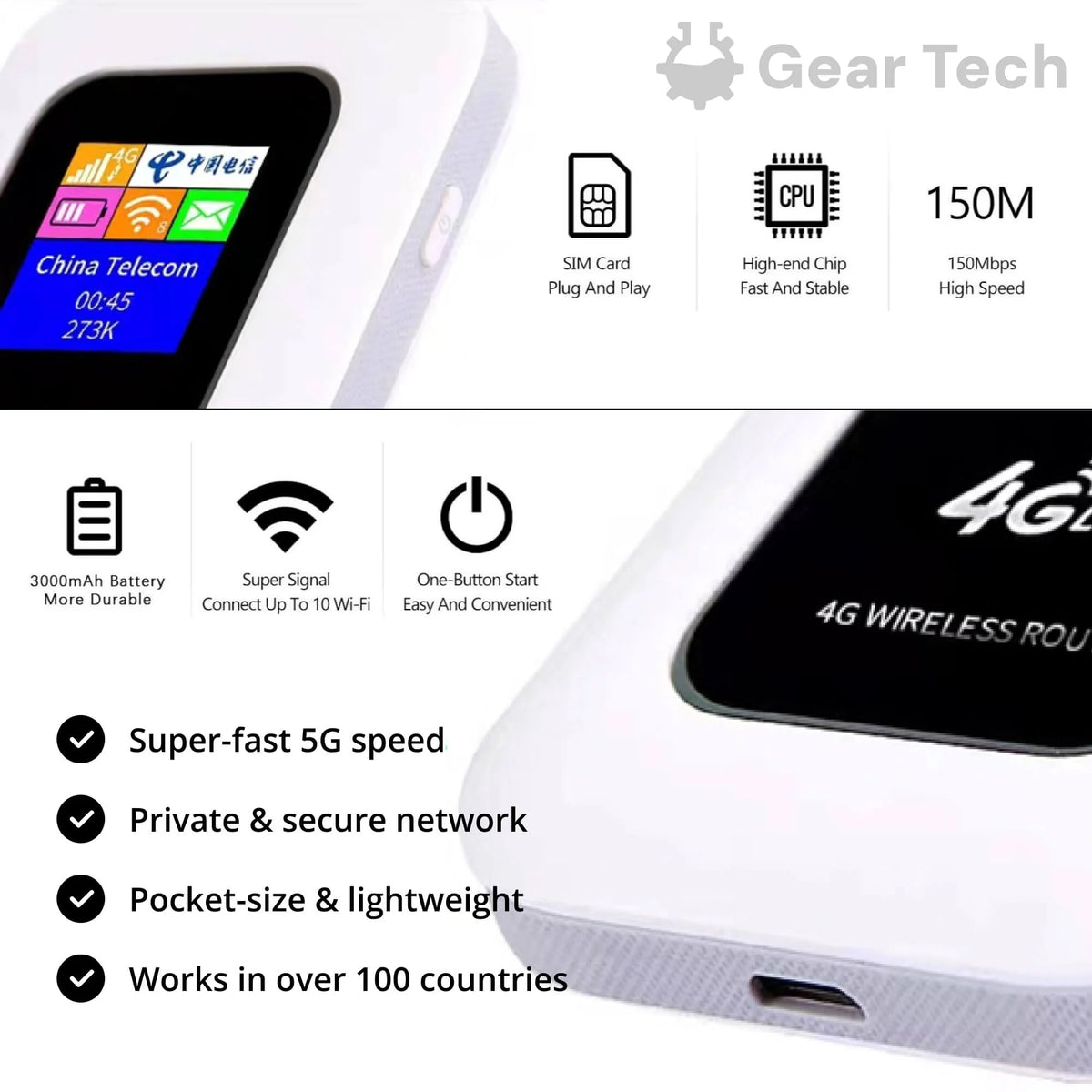 Portable 5G Wi‑Fi Router | 8-Hour Battery & USB‑C | Connects Up To 10 Devices