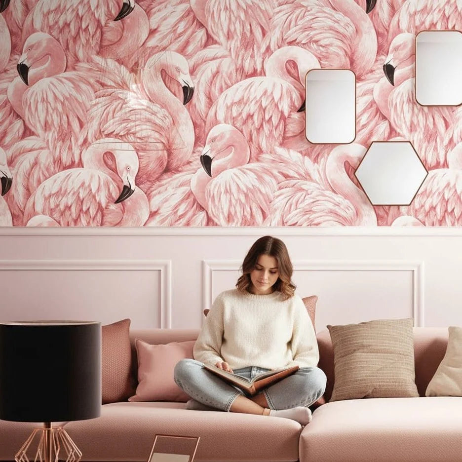 Wallpaper | Pink Flamingo Tropical Design | Wipeable Vinyl