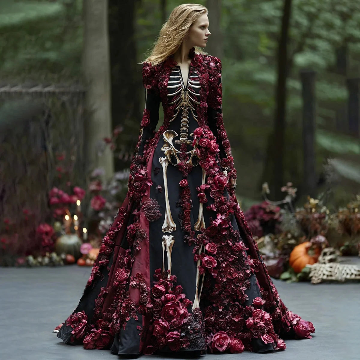 Maxi Dress | Skeleton Floral Print & Long Sleeve