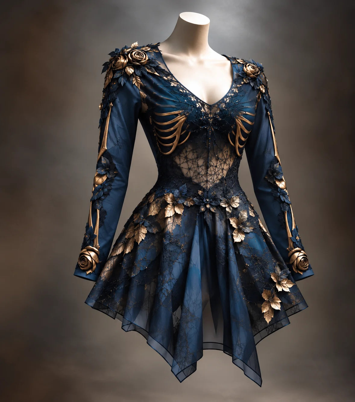 Mini Dress | Gothic Long Sleeve V-Neck | Bone-Inspired & 3D Floral Details