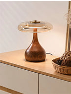 Table Lamp | Walnut-Tone Wood & Amber Glass | Warm LED Light