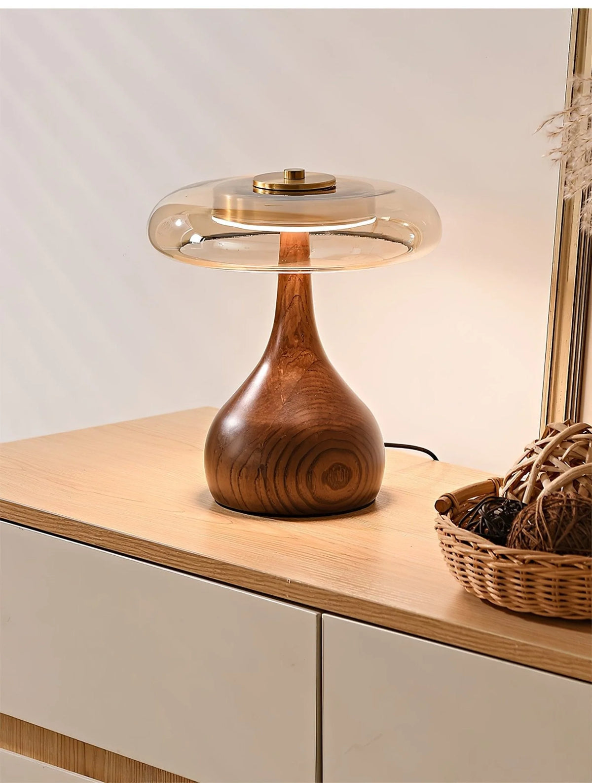 Table Lamp | Walnut-Tone Wood & Amber Glass | Warm LED Light