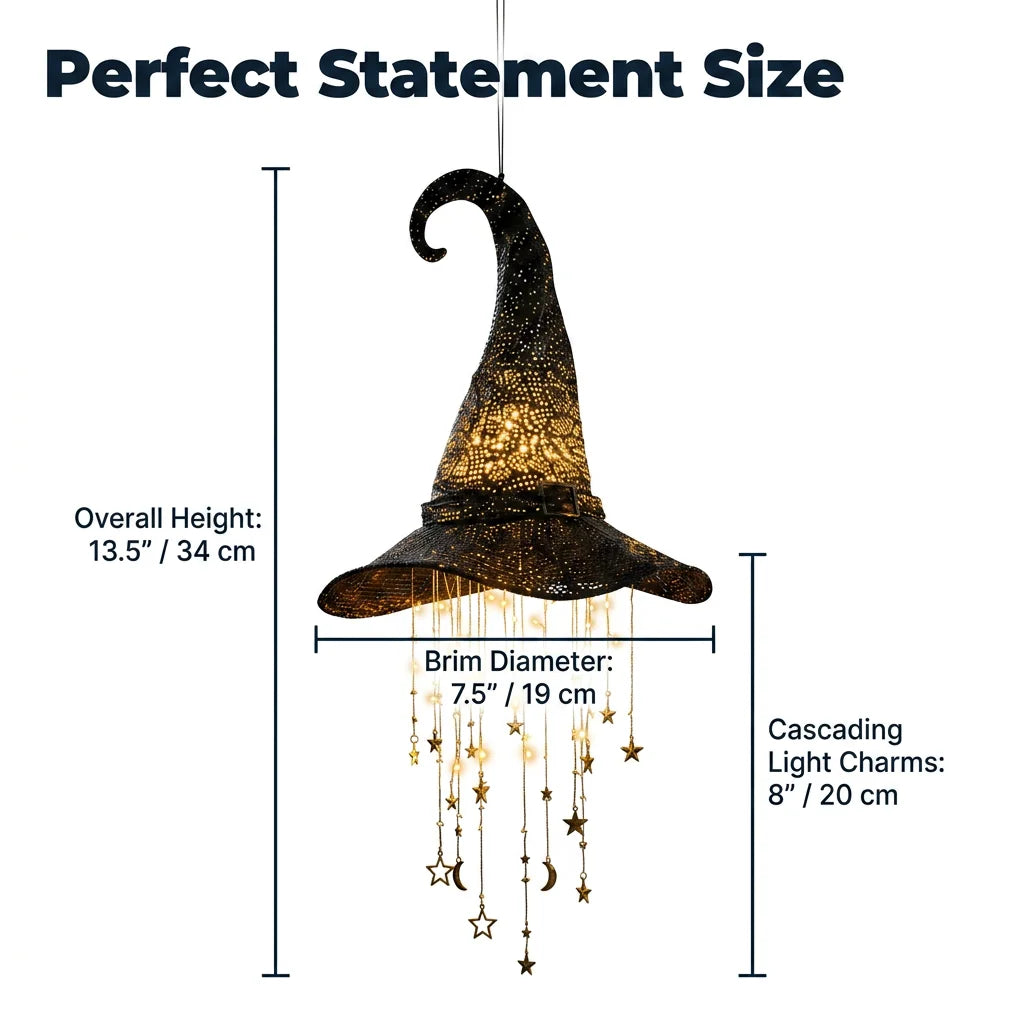 Hanging Witch Hat Decoration | Warm LED Light & Battery-Powered | Star & Moon Design