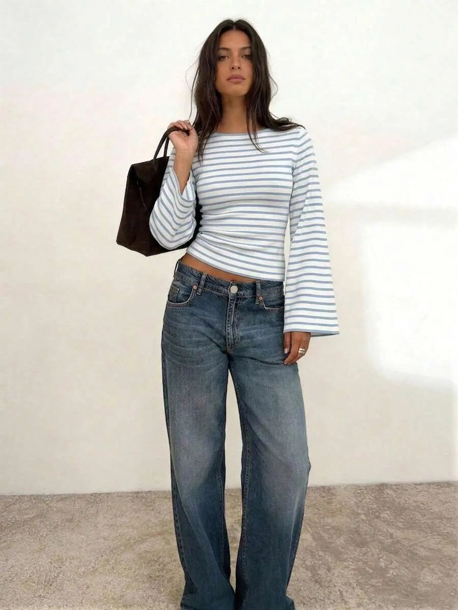 Women's T-Shirt | Striped Rib-Knit | Boat Neck & Cropped Long Sleeve