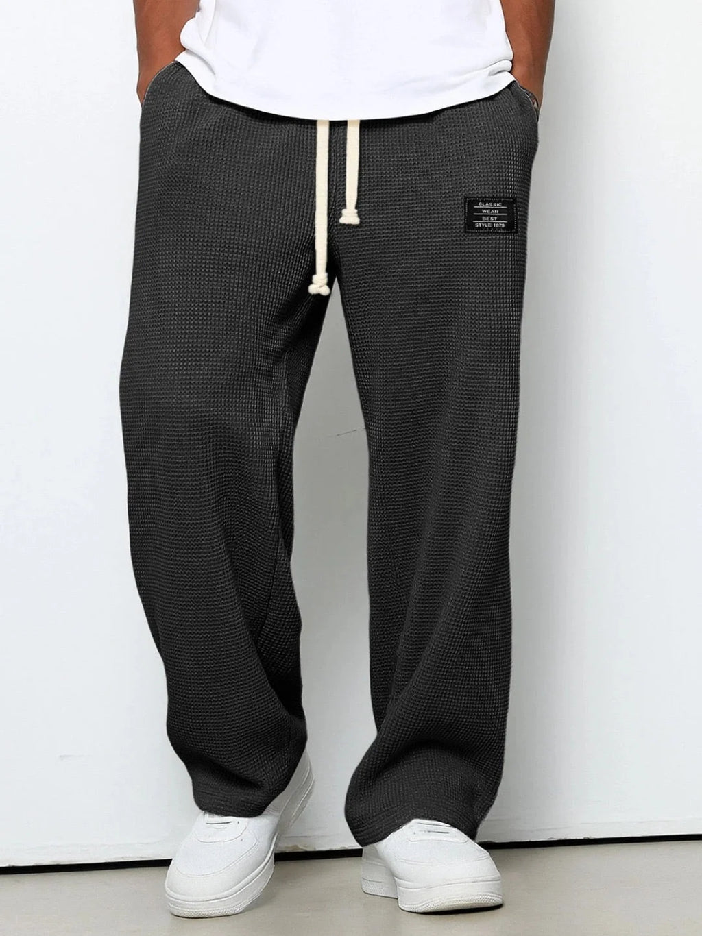 Men's Pants | Waffle-Knit Wide-Leg | Elastic Drawstring Waist