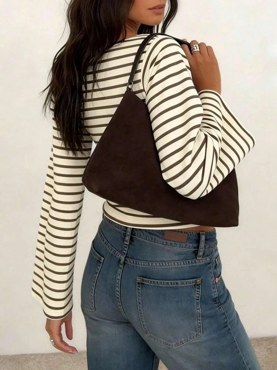 Women's T-Shirt | Striped Rib-Knit | Boat Neck & Cropped Long Sleeve