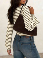 Women's T-Shirt | Striped Rib-Knit | Boat Neck & Cropped Long Sleeve