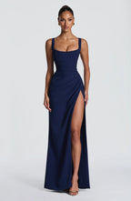 Maxi Dress | Draped Twill Corset Bodice | Adjustable Lace-Up Back