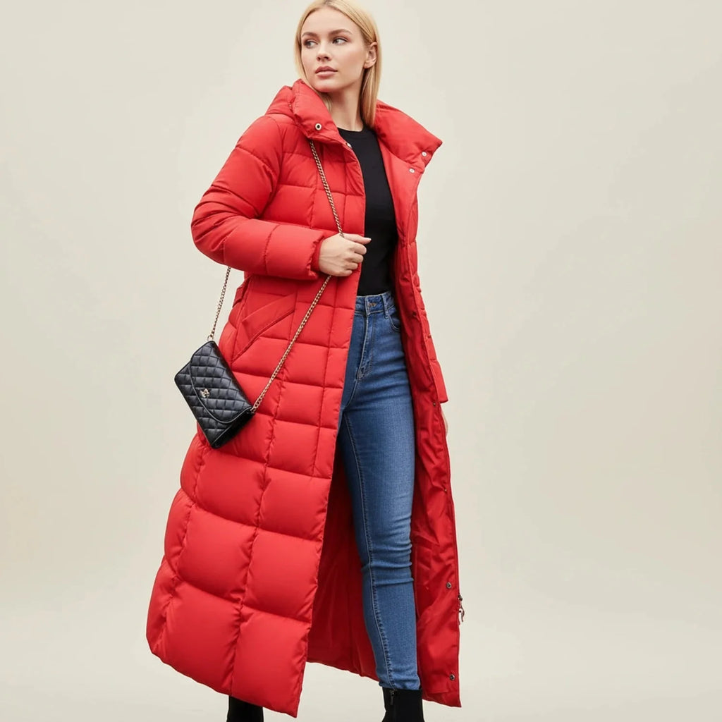 Puffer Coat | Long Quilted Faux Fur Hood | Belted Waist