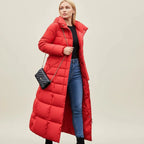 Puffer Coat | Long Quilted Faux Fur Hood | Belted Waist