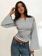Women's T-Shirt | Striped Rib-Knit | Boat Neck & Cropped Long Sleeve