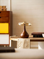 Table Lamp | Walnut-Tone Wood & Amber Glass | Warm LED Light