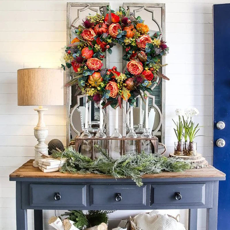 Autumn Wreath | Artificial Roses & Mini Pumpkins | Rustic Seasonal Decor