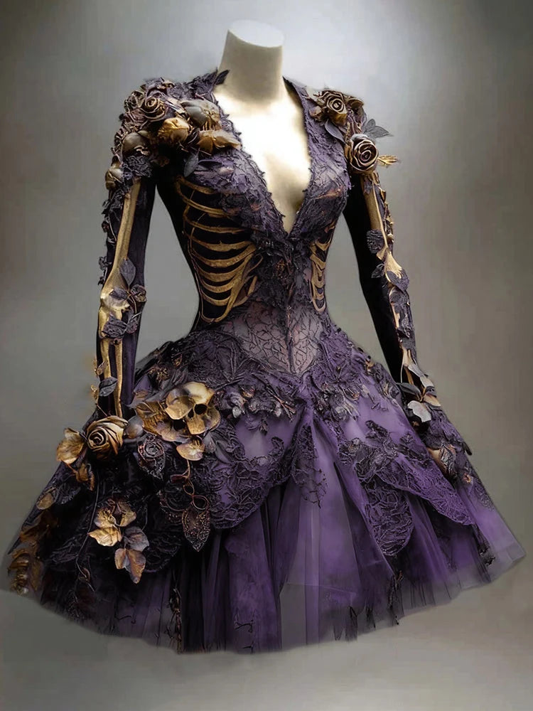 Mini Dress | Gothic Skeleton & Floral Appliqués | Long Sleeve