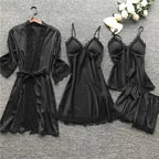 Sleepwear Set | Silk Satin & Lace Trim | 4-Piece Set