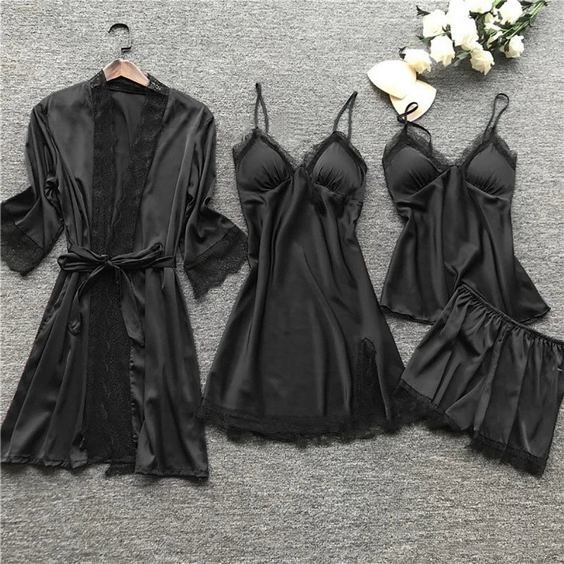 Sleepwear Set | Silk Satin & Lace Trim | 4-Piece Set