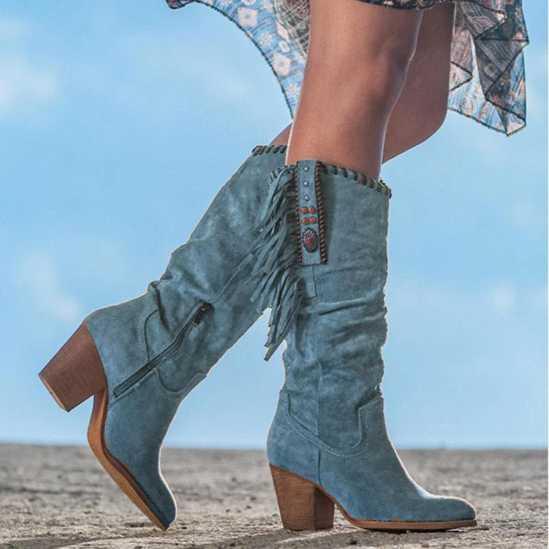 Knee-High Boots | Faux Suede Fringe Detail & Block Heel
