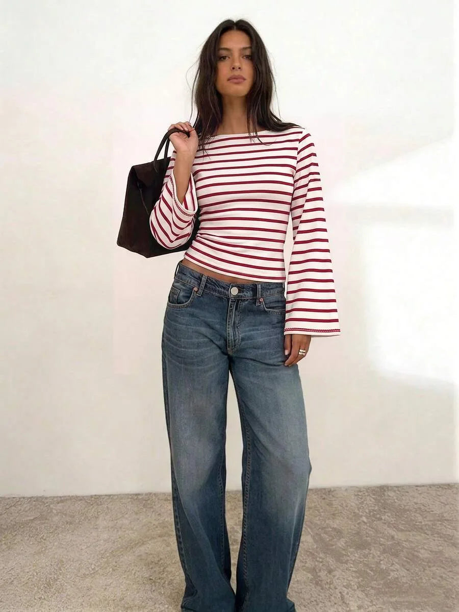 Women's T-Shirt | Striped Rib-Knit | Boat Neck & Cropped Long Sleeve