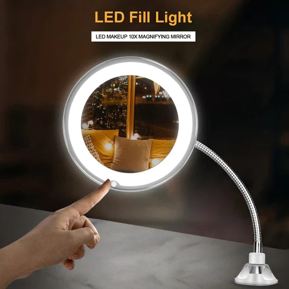 Lighted Makeup Mirror | 10x Magnification & LED | Suction-Cup Mount
