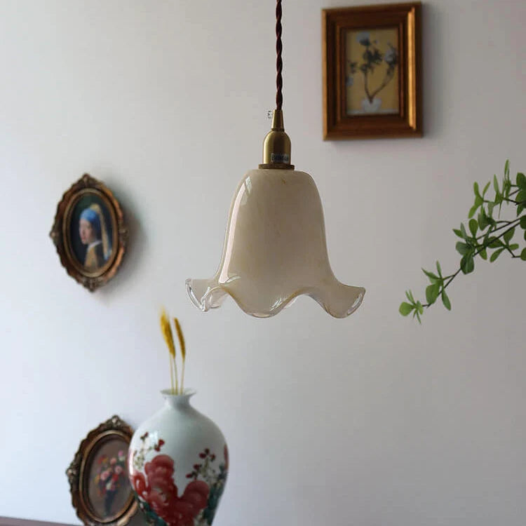 Pendant Light | Brass & Floral Glass Shade | 200 cm Cable