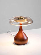 Table Lamp | Walnut-Tone Wood & Amber Glass | Warm LED Light