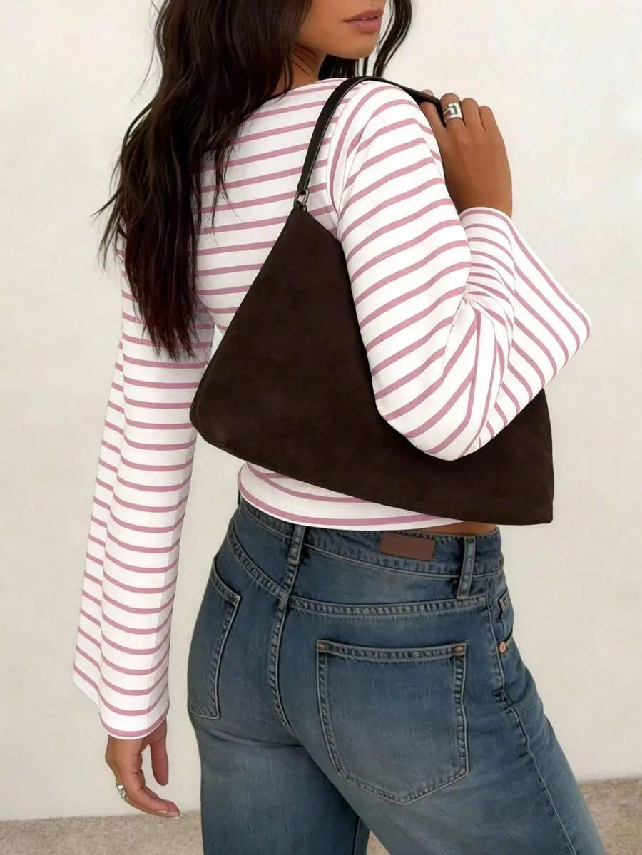 Women's T-Shirt | Striped Rib-Knit | Boat Neck & Cropped Long Sleeve