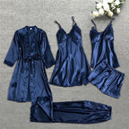 Sleepwear Set | Silk Satin & Lace Trim | 4-Piece Set