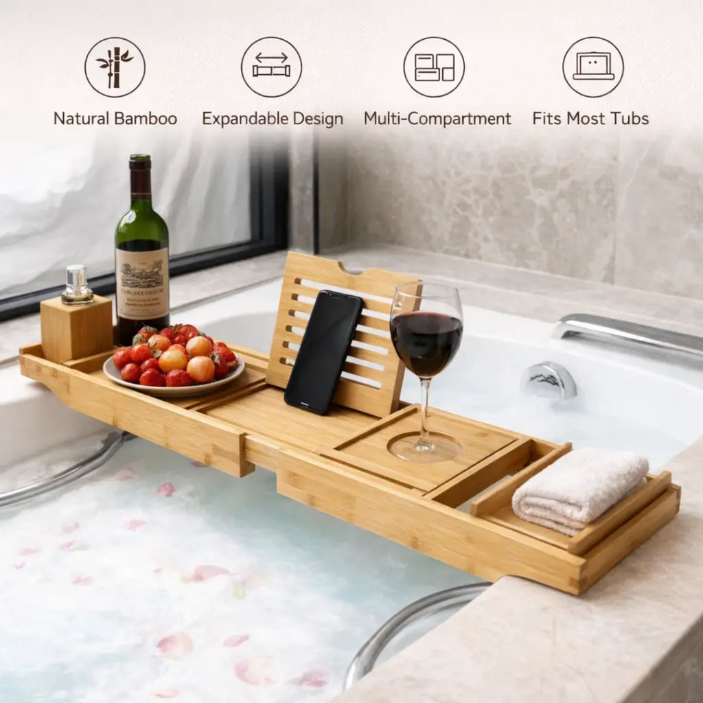 Bathtub & Bed Caddy Tray | Adjustable & Expandable Bamboo