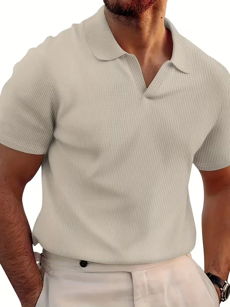 Men’s Polo Shirt | Short Sleeve V-Neck | Waffle Texture & Stretch Fabric