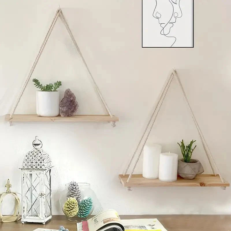 Hanging Wall Shelf | Rope-Supported & Wooden