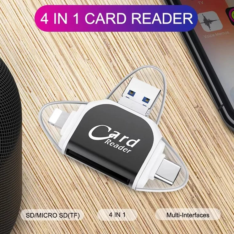 Memory Card Reader with USB, USB-C, Micro-USB and Lightning Connectors