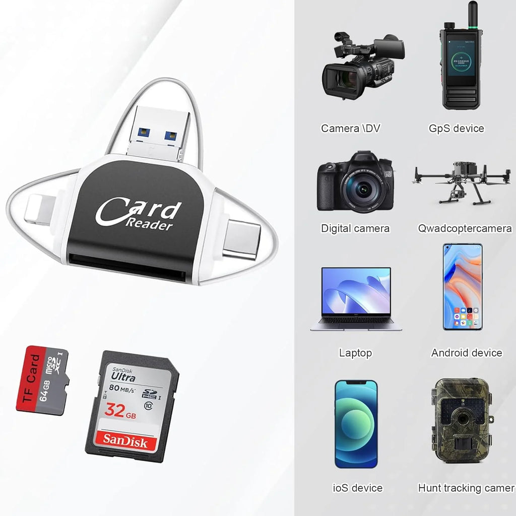 Memory Card Reader with USB, USB-C, Micro-USB and Lightning Connectors