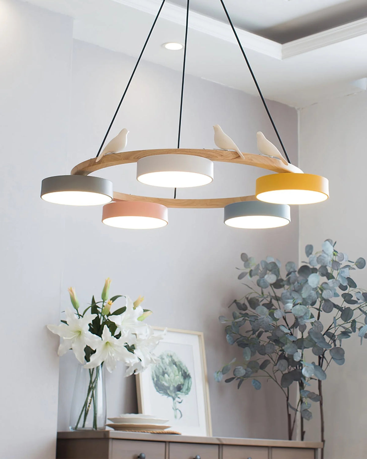 Pendant Chandelier | Round Bird Design & Wood, Resin & Acrylic Accents