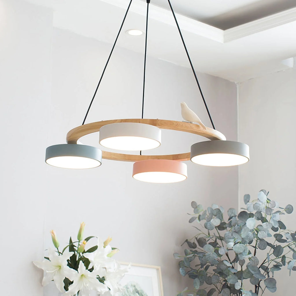 Pendant Chandelier | Round Bird Design & Wood, Resin & Acrylic Accents