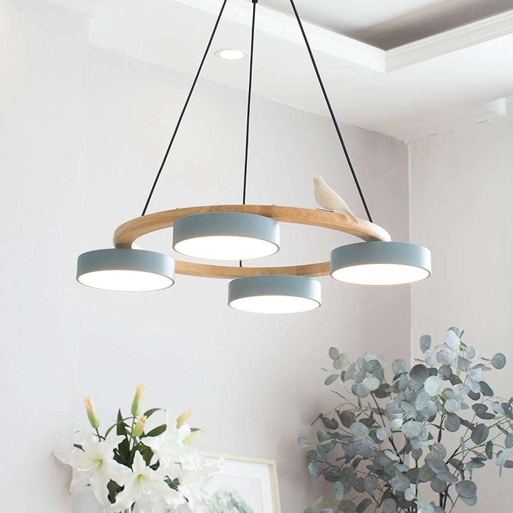 Pendant Chandelier | Round Bird Design & Wood, Resin & Acrylic Accents