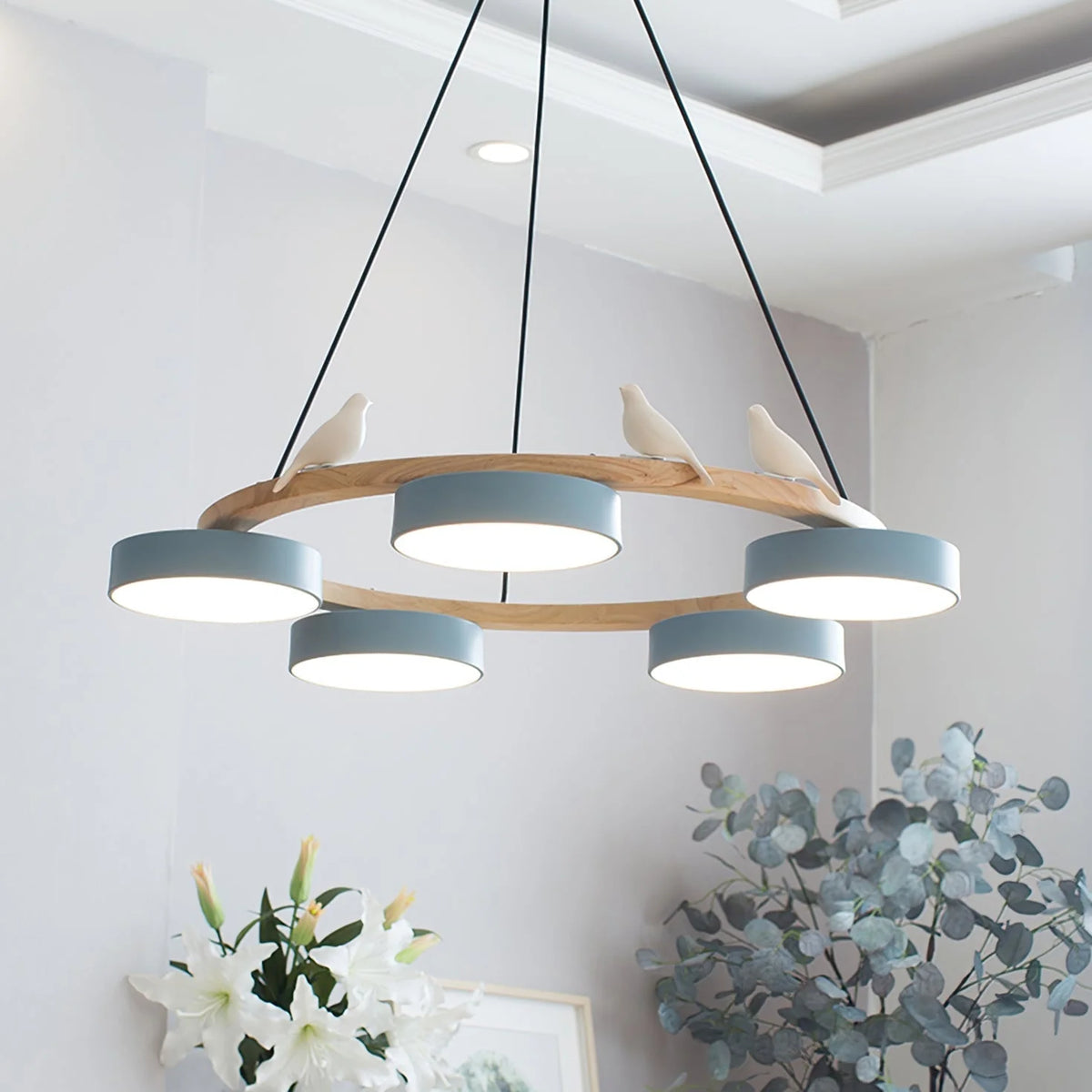 Pendant Chandelier | Round Bird Design & Wood, Resin & Acrylic Accents