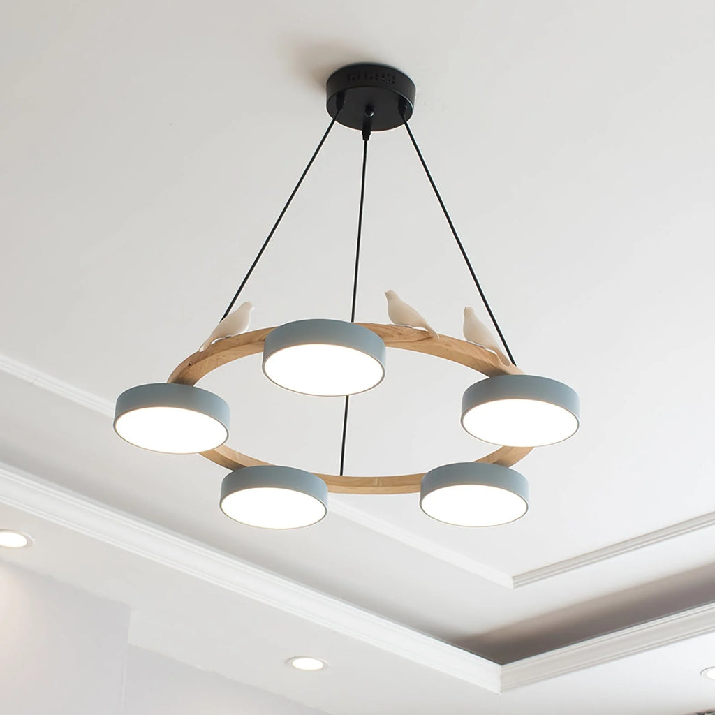 Pendant Chandelier | Round Bird Design & Wood, Resin & Acrylic Accents
