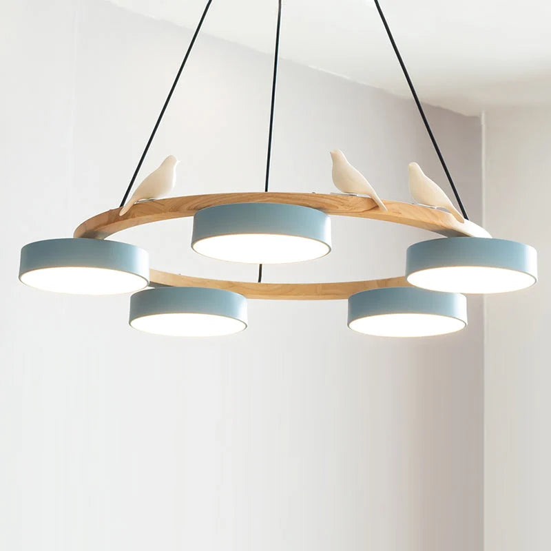 Pendant Chandelier | Round Bird Design & Wood, Resin & Acrylic Accents