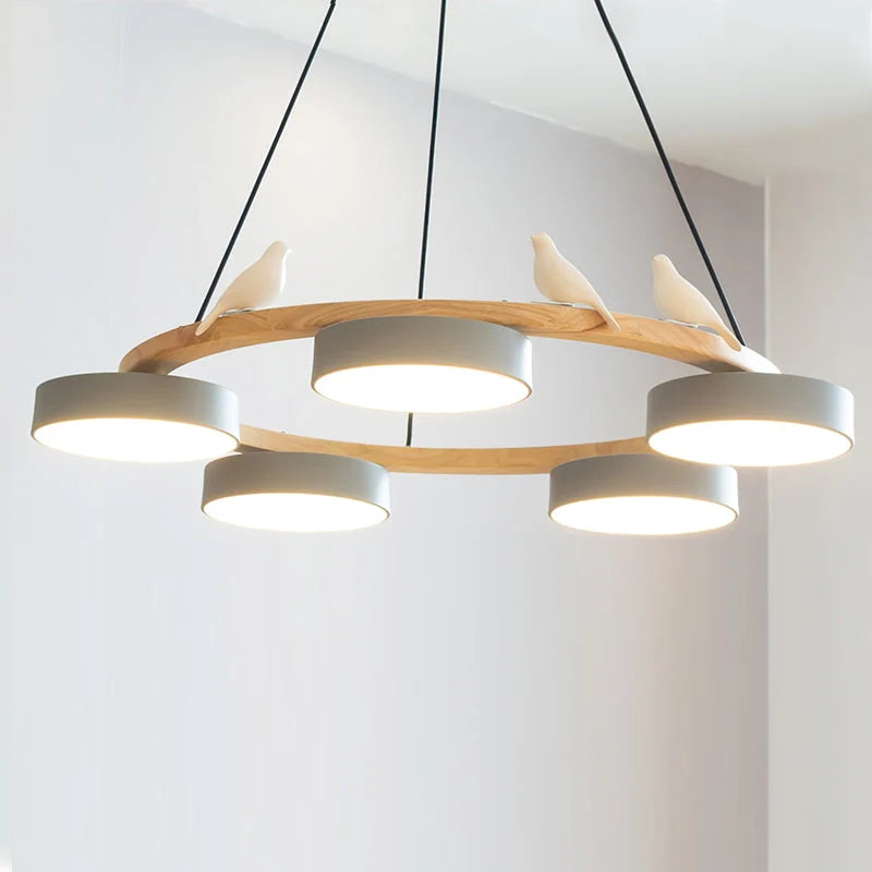 Pendant Chandelier | Round Bird Design & Wood, Resin & Acrylic Accents