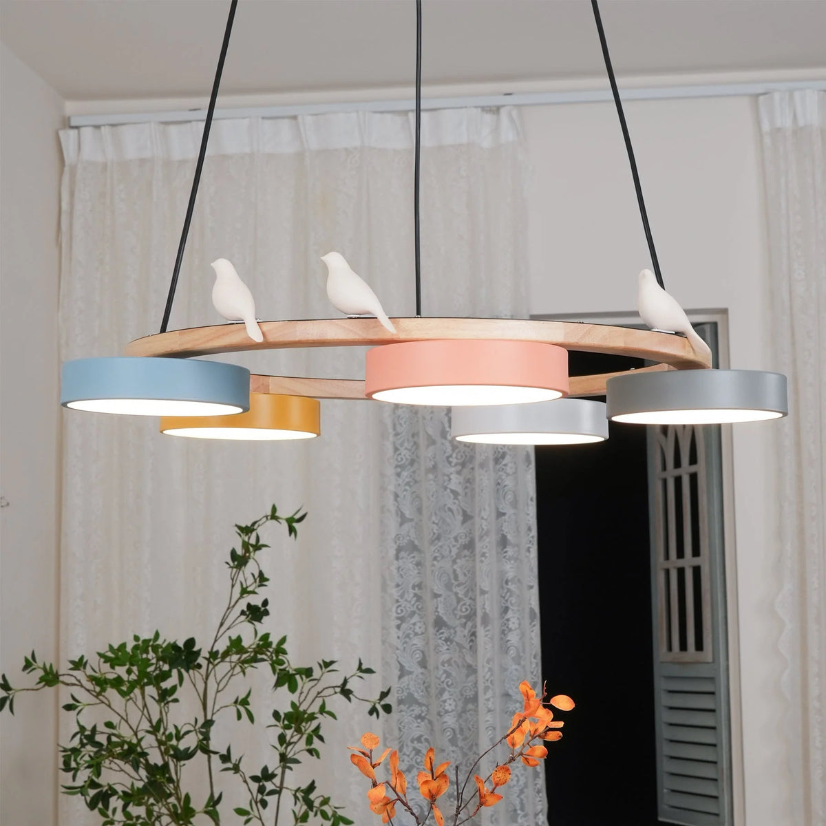 Pendant Chandelier | Round Bird Design & Wood, Resin & Acrylic Accents