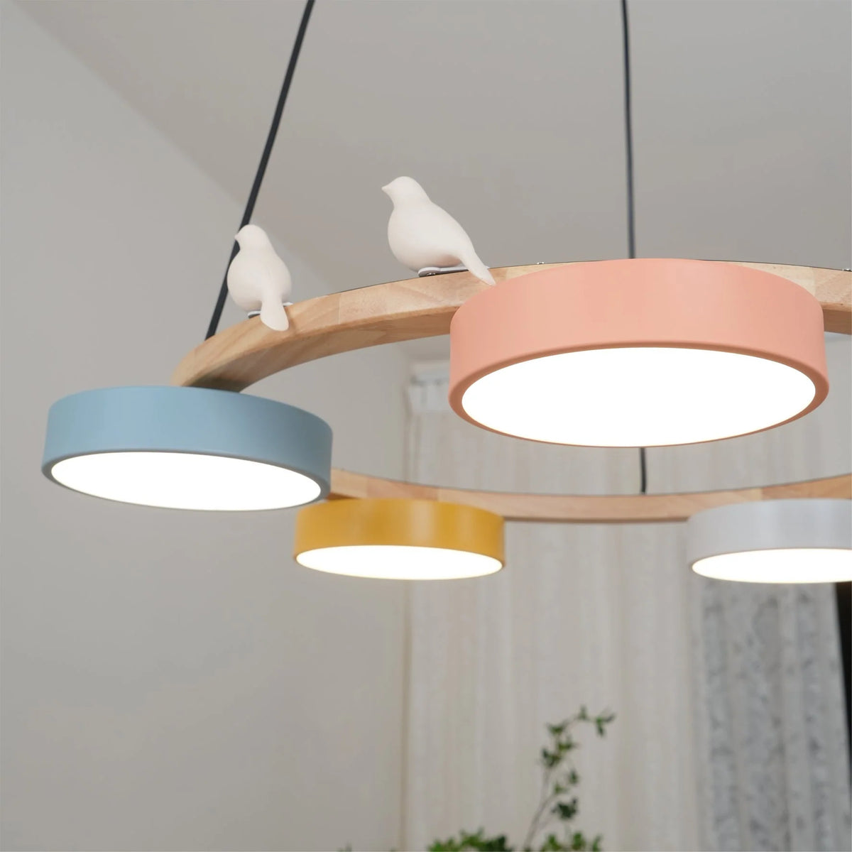Pendant Chandelier | Round Bird Design & Wood, Resin & Acrylic Accents